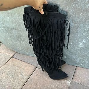 Knee high fringe heel boots